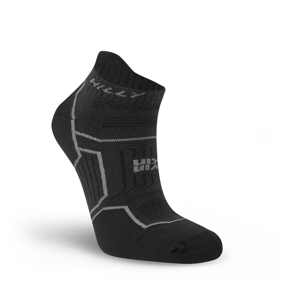 Lateral view of the right sock from a pair of Hilly Unisex Twin Skin Socklet Running Socks in the Black/Anthracite colourway.
