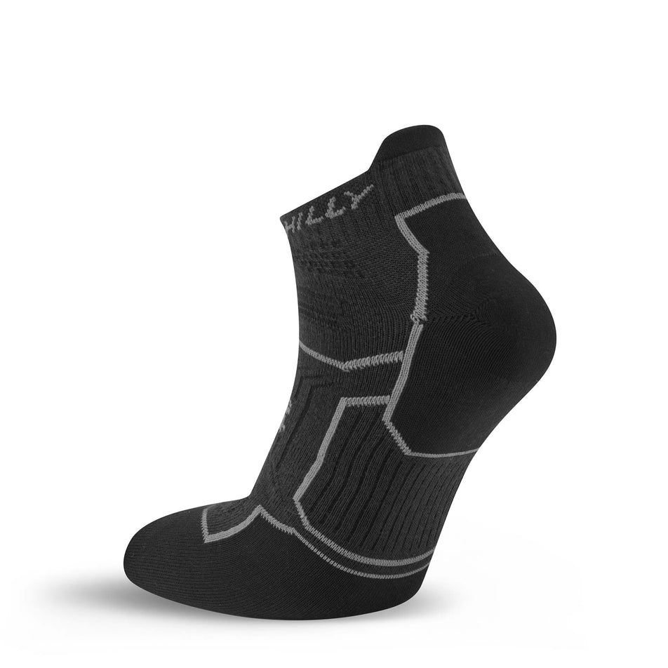 Medial view of the right sock from a pair of Hilly Unisex Twin Skin Socklet Running Socks in the Black/Anthracite colourway.