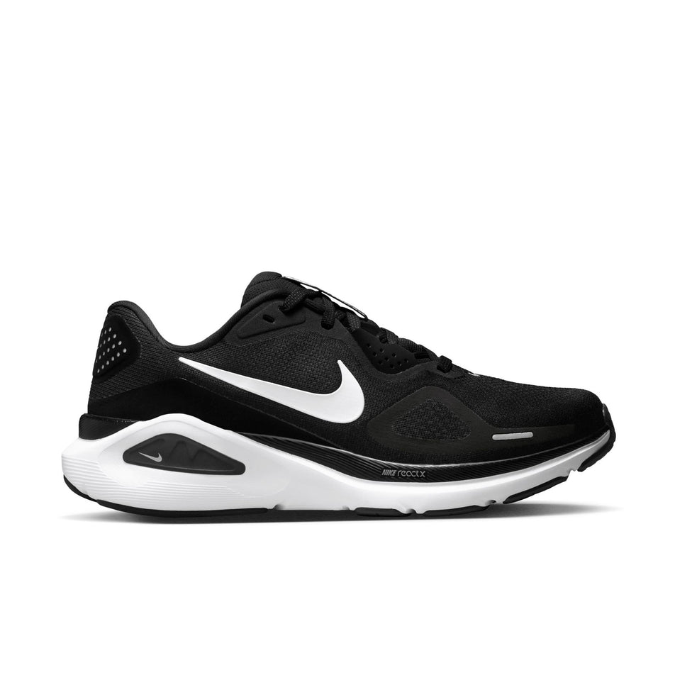 Lateral view of the right shoe from a pair of Nike Women's Structure 26 Road Running Shoes in the Black/White-Cool Grey-Metallic Silver colourway. (8686793982114)