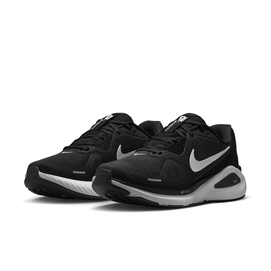 A pair of Nike Women's Structure 26 Road Running Shoes in the Black/White-Cool Grey-Metallic Silver colourway. (8686793982114)