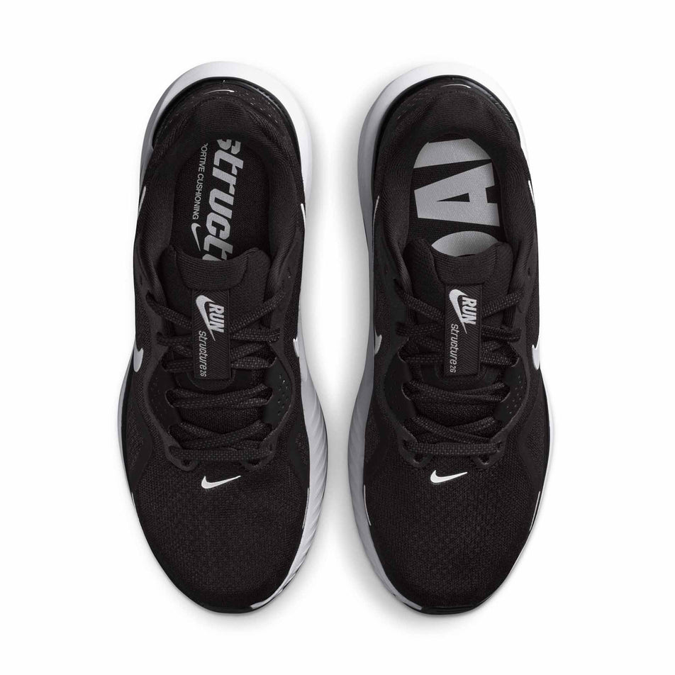 The uppers of a pair of Nike Women's Structure 26 Road Running Shoes in the Black/White-Cool Grey-Metallic Silver colourway. (8686793982114)