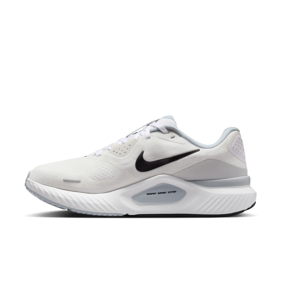 Medial view of the right shoe from a pair of Nike Women's Structure 26 Road Running Shoes in the White/Black-Pure Platinum colourway.