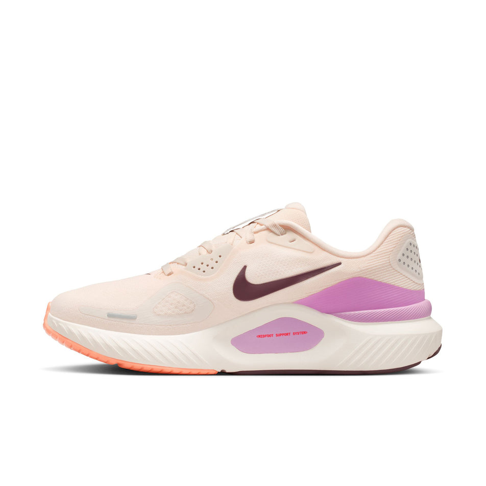 Medial view of the right shoe from a pair of Nike Women's Structure 26 Road Running Shoes in the Chalk/Tattoo-Light Magenta-Orange Pulse colourway.