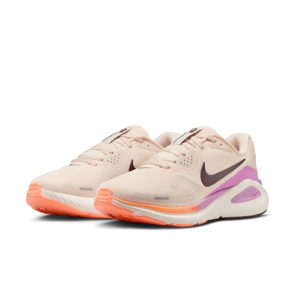 A pair of Nike Women's Structure 26 Road Running Shoes in the Chalk/Tattoo-Light Magenta-Orange Pulse colourway.