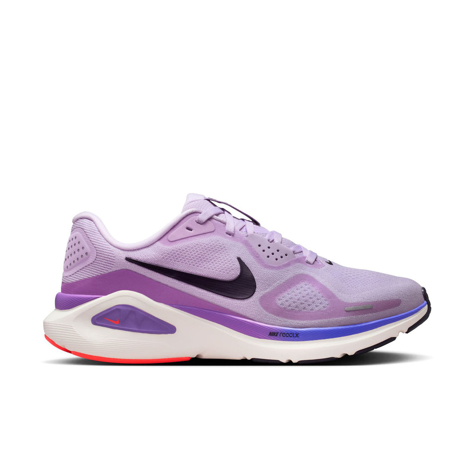 Lateral view of the right shoe from a pair of Nike Women's Structure 26 Road Running Shoes in the Violet Mist/Cave Purple-Bright Violet colourway.