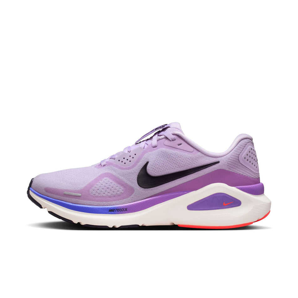 Medial view of the right shoe from a pair of Nike Women's Structure 26 Road Running Shoes in the Violet Mist/Cave Purple-Bright Violet colourway.