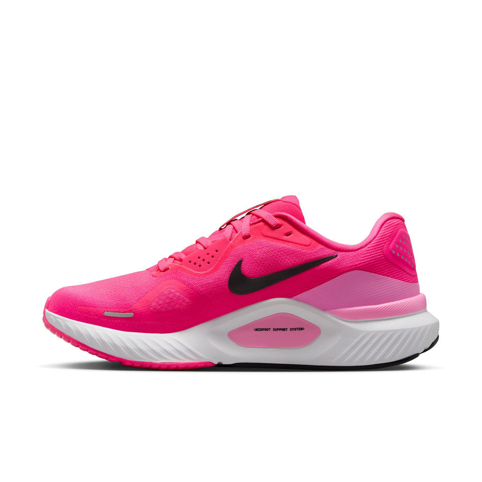 Medial view of the right shoe from a pair of Nike Women's Structure 26 Road Running Shoes in the Hyper Pink/Black-Pink Spell-White colourway. (8686794997922)