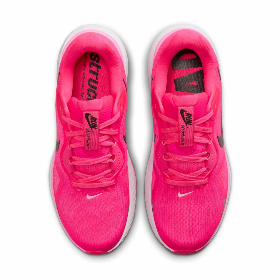 The uppers of a pair of Nike Women's Structure 26 Road Running Shoes in the Hyper Pink/Black-Pink Spell-White colourway. (8686794997922)