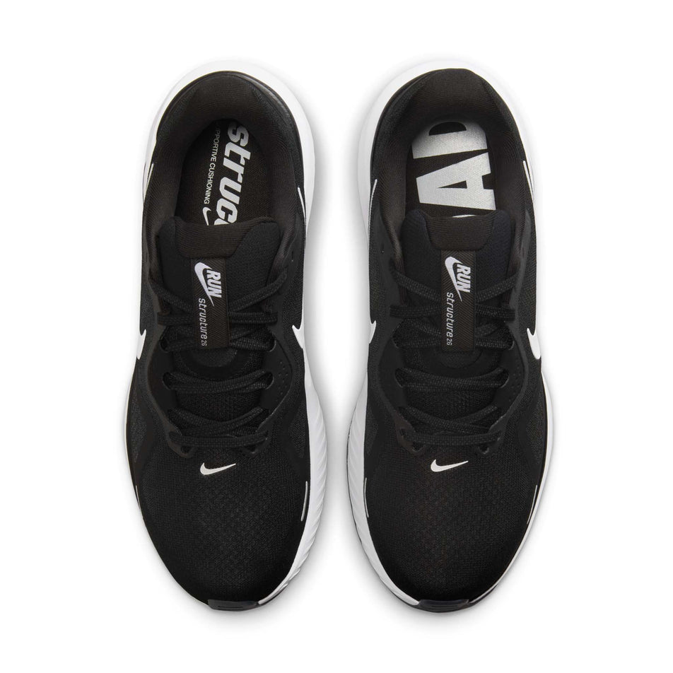 The uppers of a pair of Nike Men's Structure 26 Road Running Shoes in the Black/White-Cool Grey-Metallic Silver colourway. (8684582666402)