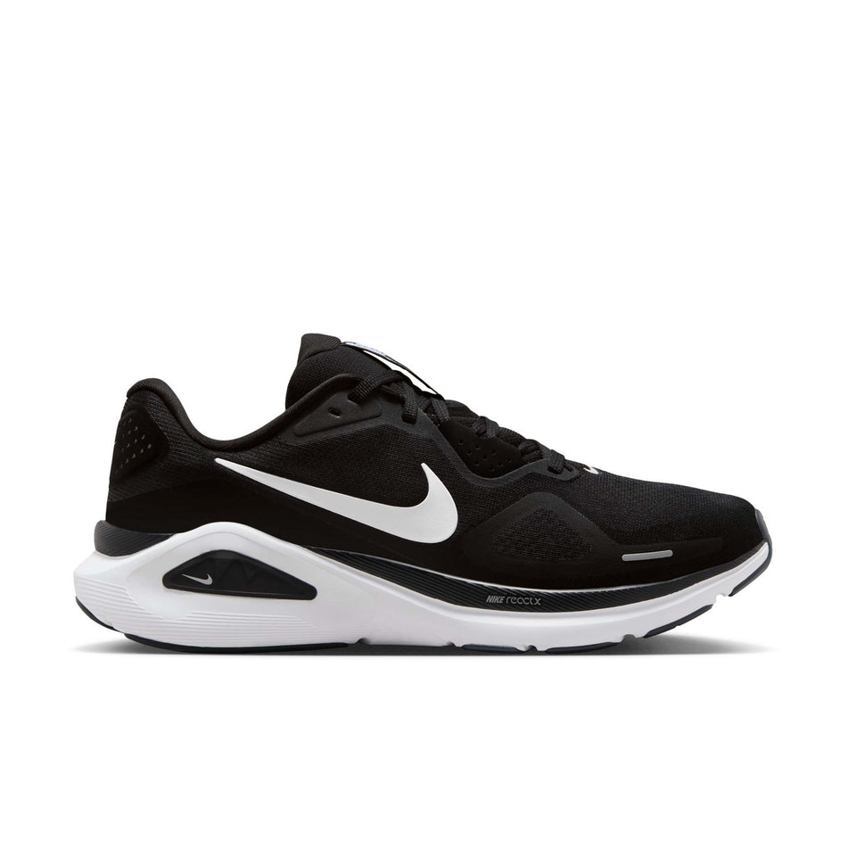 Lateral view of the right shoe from a pair of Nike Men's Structure 26 Road Running Shoes in the Black/White-Cool Grey-Metallic Silver colourway. (8684582666402)