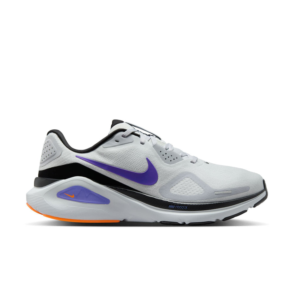 Lateral view of the right shoe from a pair of Nike Men's Structure 26 Road Running Shoes in the Pure Platinum/Persian Violet-Wolf Grey colourway. (8684597543074)