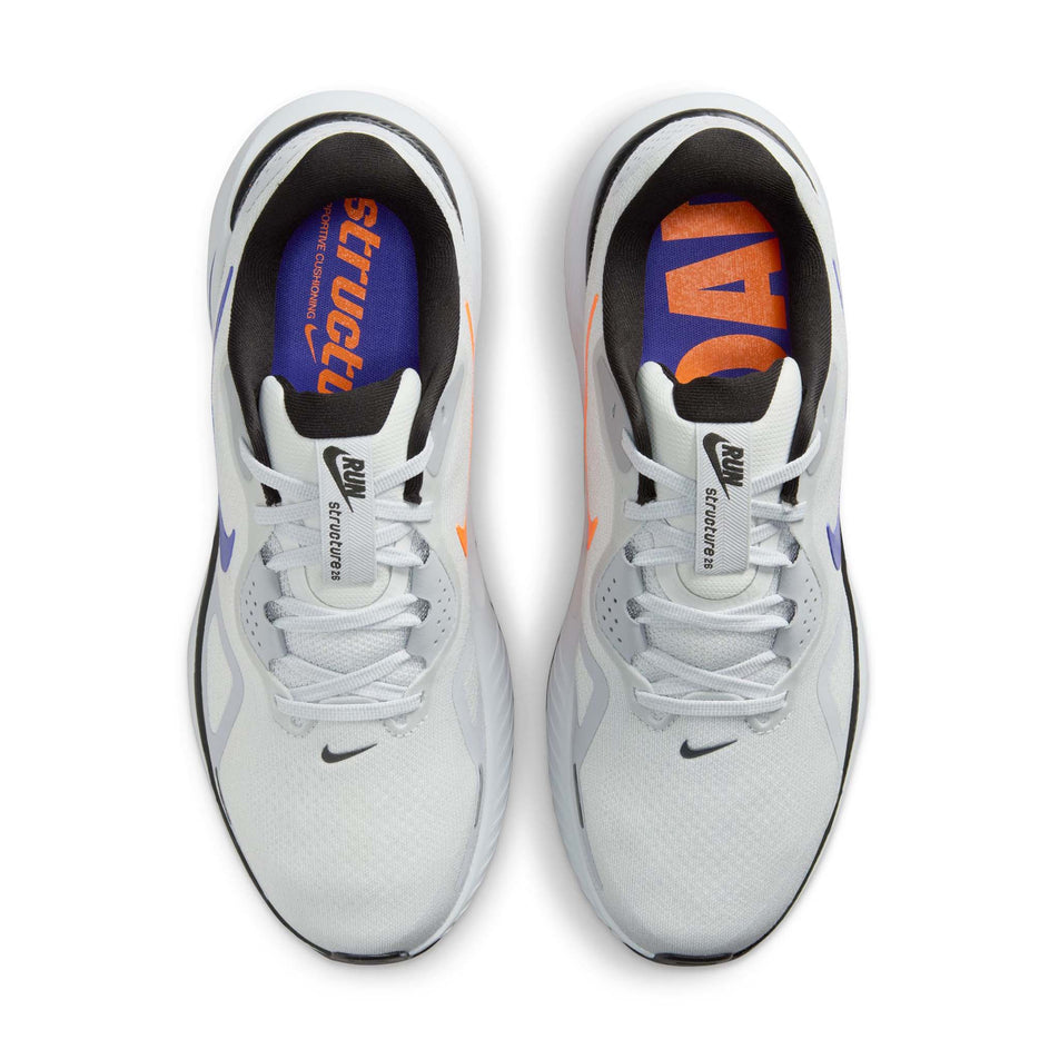The uppers of a pair of Nike Men's Structure 26 Road Running Shoes in the Pure Platinum/Persian Violet-Wolf Grey colourway. (8684597543074)