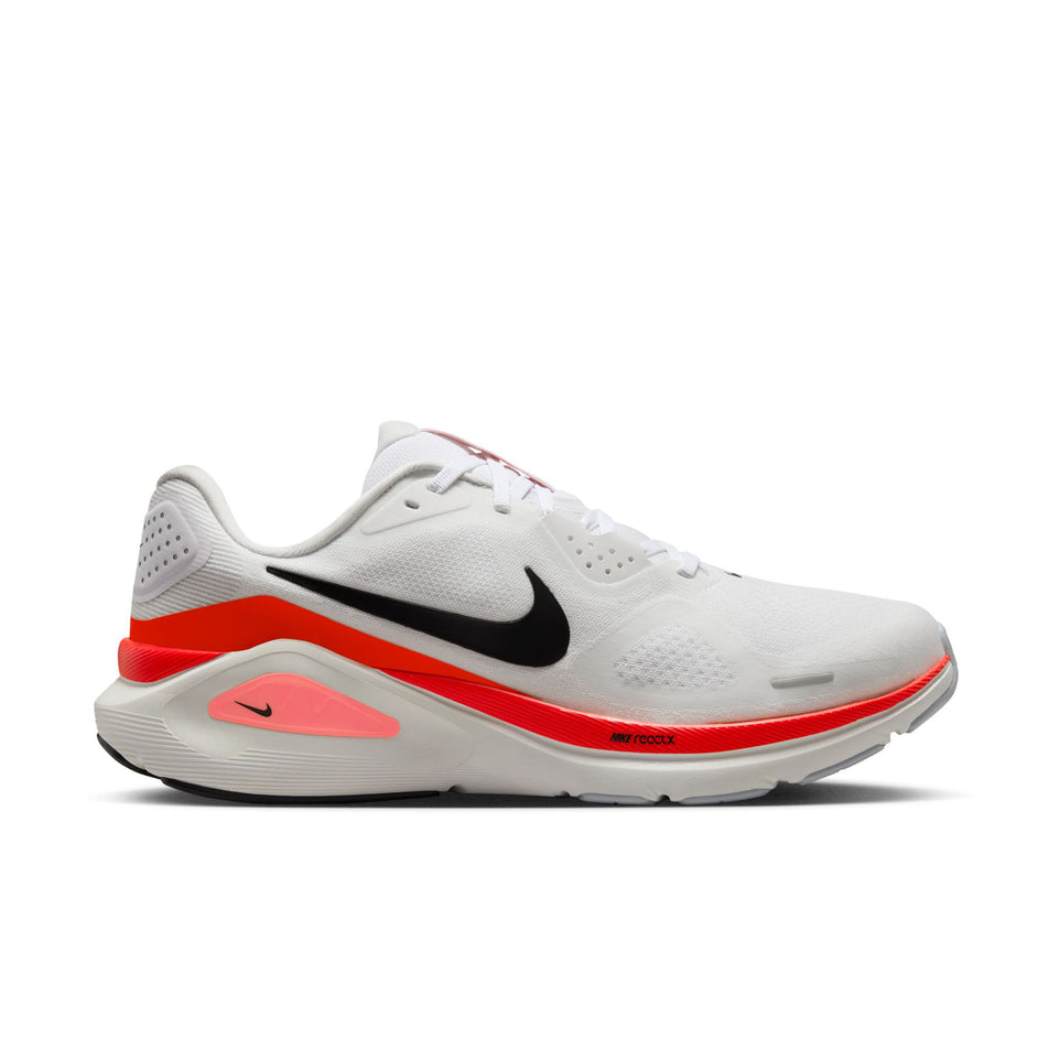 Lateral view of the right shoe from a pair of Nike Men's Structure 26 Road Running Shoes in the White/Black-Bright Crimson-Photon Dust colourway. (8684589973666)