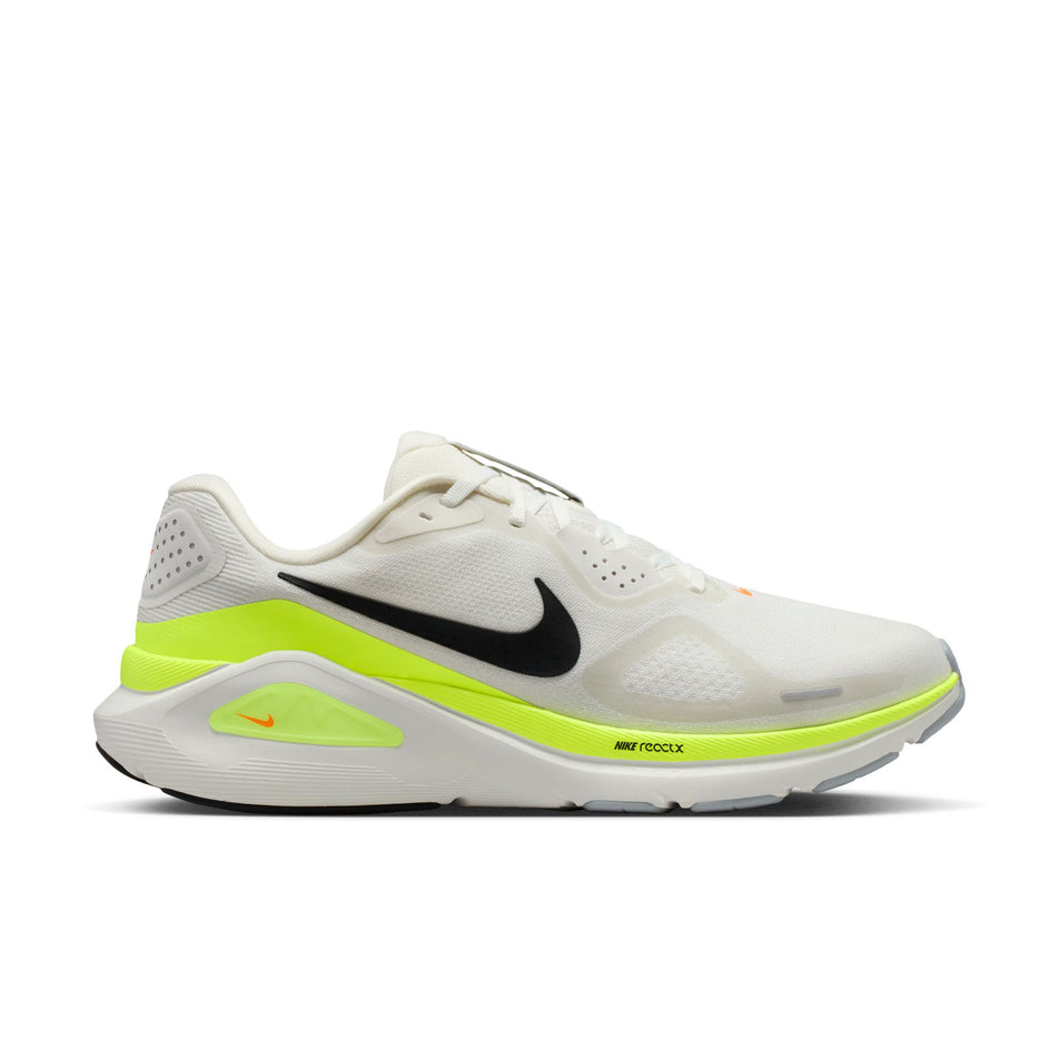 Lateral view of the right shoe from a pair of Nike Men's Structure 26 Road Running Shoes in the Summit White/Black-Volt-Total Orange colourway.