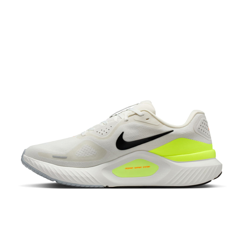 Medial view of the right shoe from a pair of Nike Men's Structure 26 Road Running Shoes in the Summit White/Black-Volt-Total Orange colourway.