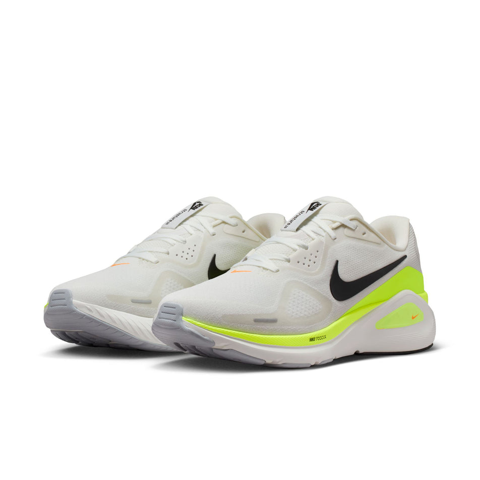 A pair of Nike Men's Structure 26 Road Running Shoes in the Summit White/Black-Volt-Total Orange colourway.