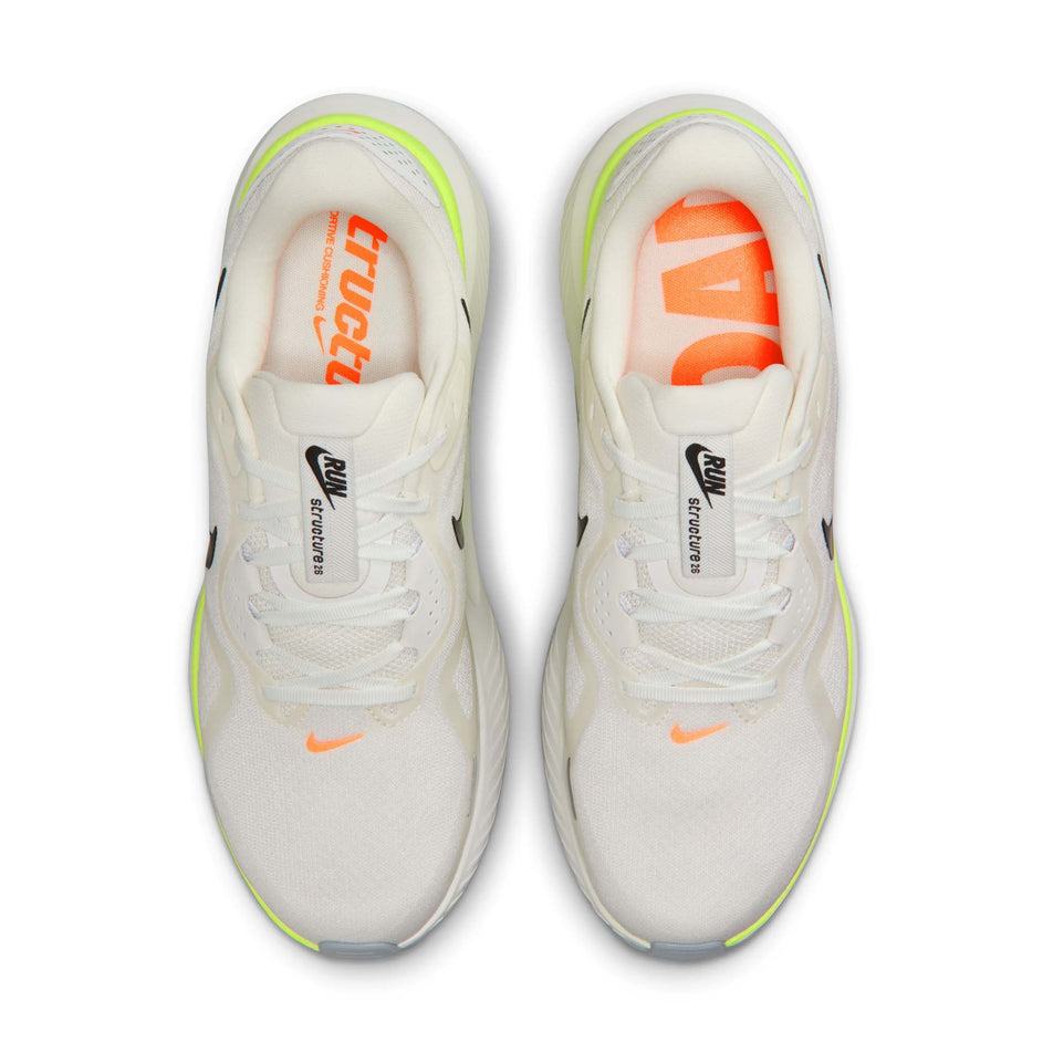 The uppers of a pair of Nike Men's Structure 26 Road Running Shoes in the Summit White/Black-Volt-Total Orange colourway.