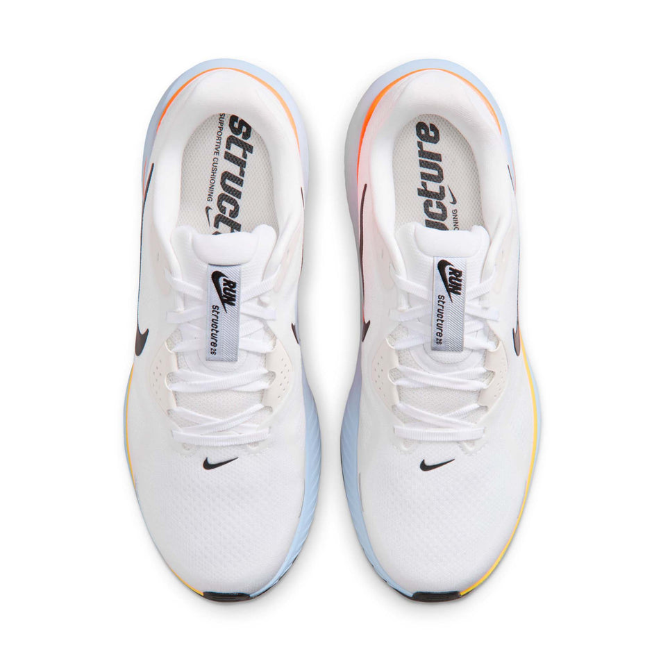 The uppers of a pair of Nike Men's Structure 26 Road Running Shoes in the White/Black-Hydrogen Blue-Total Orange colourway.