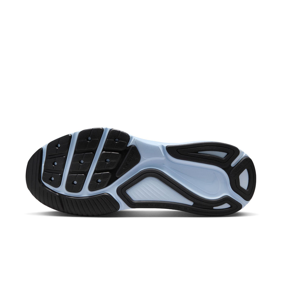 The outsole of the left shoe from a pair of Nike Men's Structure 26 Road Running Shoes in the White/Black-Hydrogen Blue-Total Orange colourway.