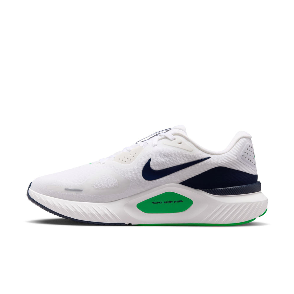 Medial of the right shoe from a pair of Nike Men's Structure 26 Road Running Shoes in the White/Midnight Navy-Green Spark colourway.