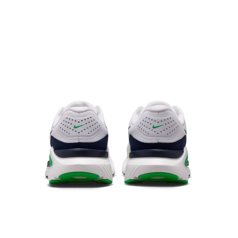 The back of a pair of Nike Men's Structure 26 Road Running Shoes in the White/Midnight Navy-Green Spark colourway.
