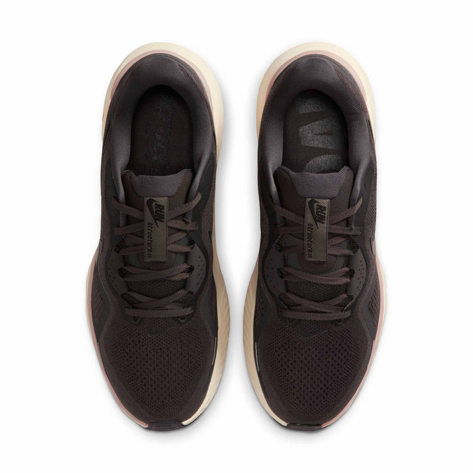 The uppers of a pair of Nike Men's Structure 26 Road Running Shoes in the Medium Ash/Black-College Grey colourway. (8754904891554)