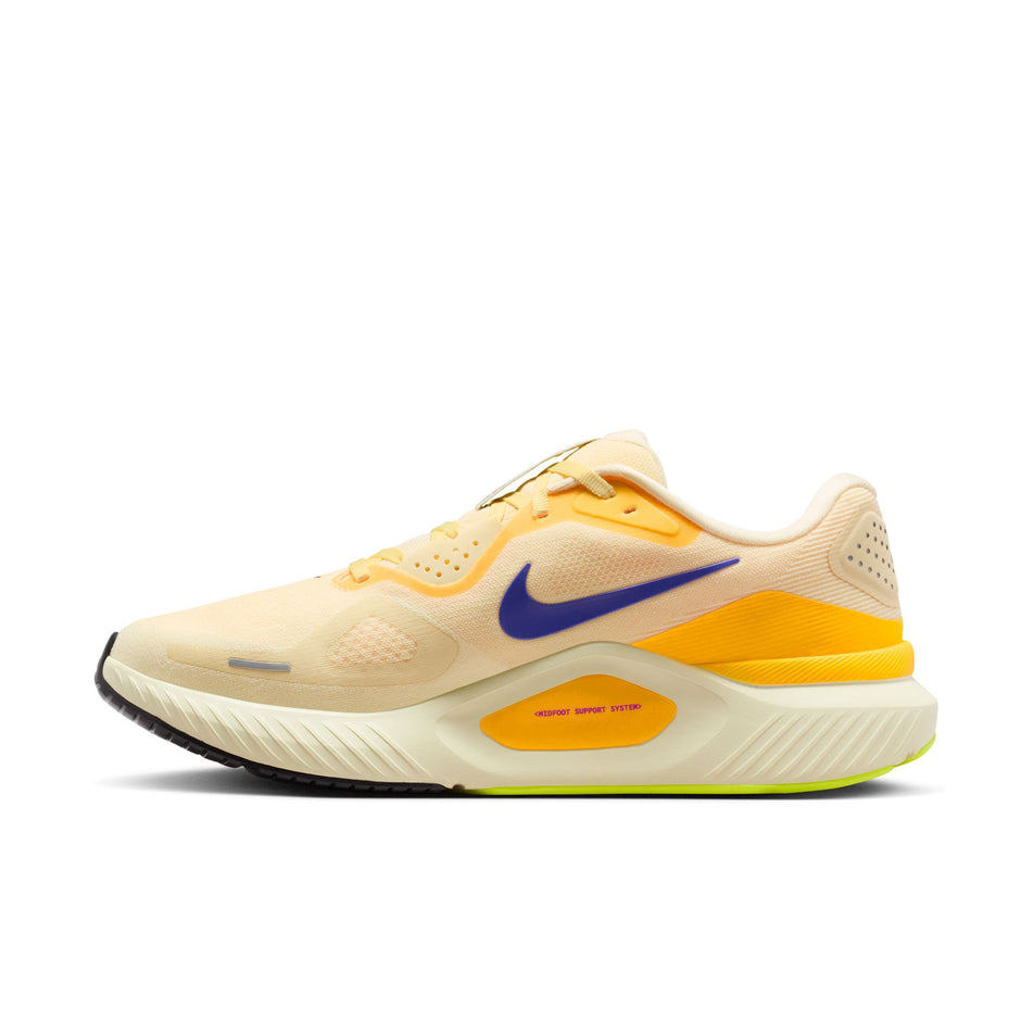 Medial view of the right shoe from a pair of Nike Men's Structure 26 Road Running Shoes in the Alabaster/Indigo Burst-Hyper Violet colourway.