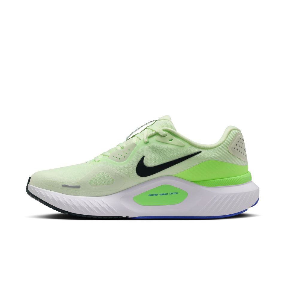 Medial view of the right shoe from a pair of Nike Men's Structure 26 Road Running Shoes in the Volt Tint/Black Spruce-Lime Blast colourway.