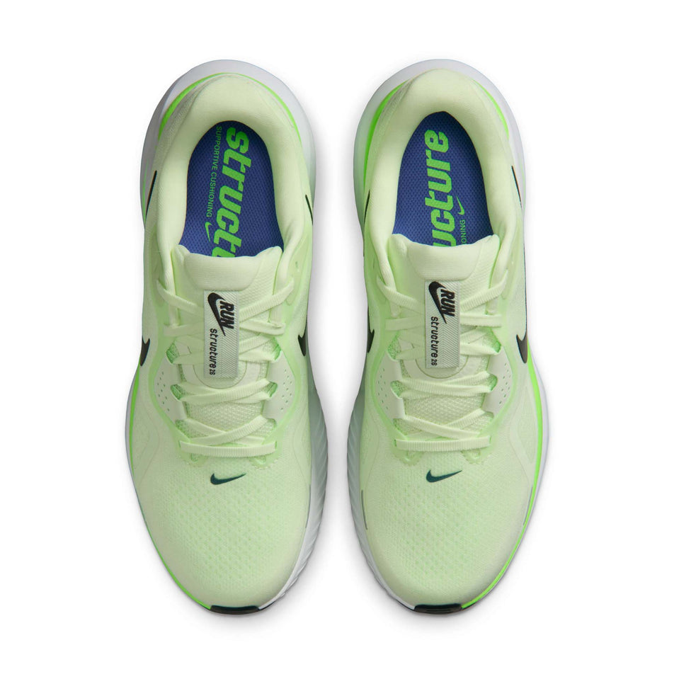 The uppers of a pair of Nike Men's Structure 26 Road Running Shoes in the Volt Tint/Black Spruce-Lime Blast colourway.