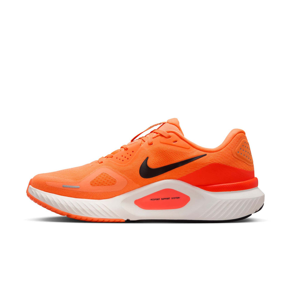 Medial view of the right shoe from a pair of Nike Men's Structure 26 Road Running Shoes in the Total Orange/Black-Total Crimson Chalk colourway. (8723638255778)