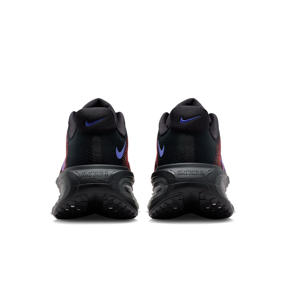 The back of a pair of Nike Women's Vomero Premium Road Running Shoes in the Black/Sapphire-Hot Lava-Anthracite colourway.