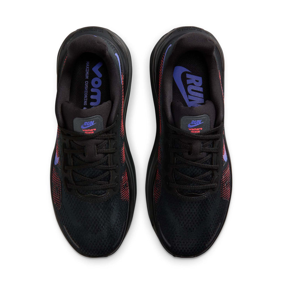 The uppers of a pair of Nike Women's Vomero Premium Road Running Shoes in the Black/Sapphire-Hot Lava-Anthracite colourway.