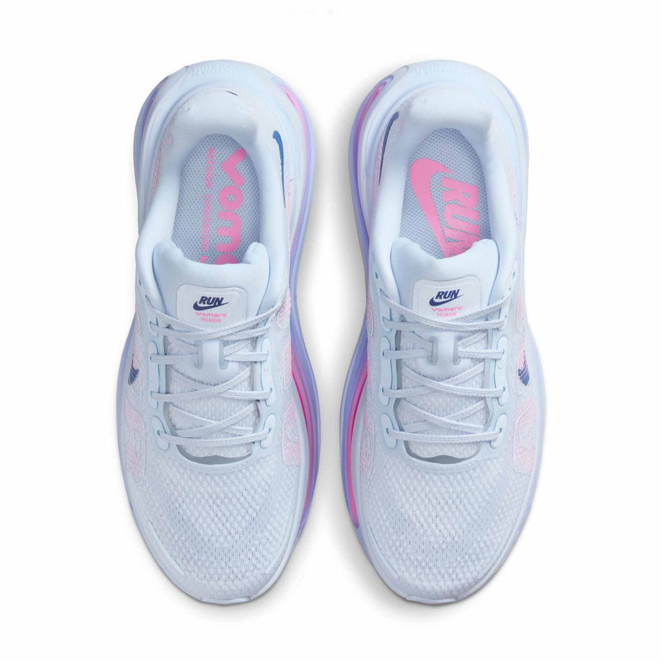 The uppers of a pair of Nike Women's Vomero Premium Running Shoes in the Blue Tint/Deep Royal Blue-Aluminum colourway. (8756155809954)