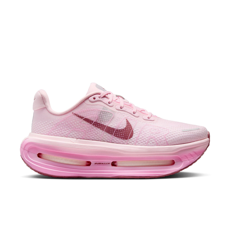 Lateral view of the right shoe from a pair of Nike Women's Vomero Premium Road Running Shoes in the Pink Foam/Pink Smoke-Pink Rise colourway.