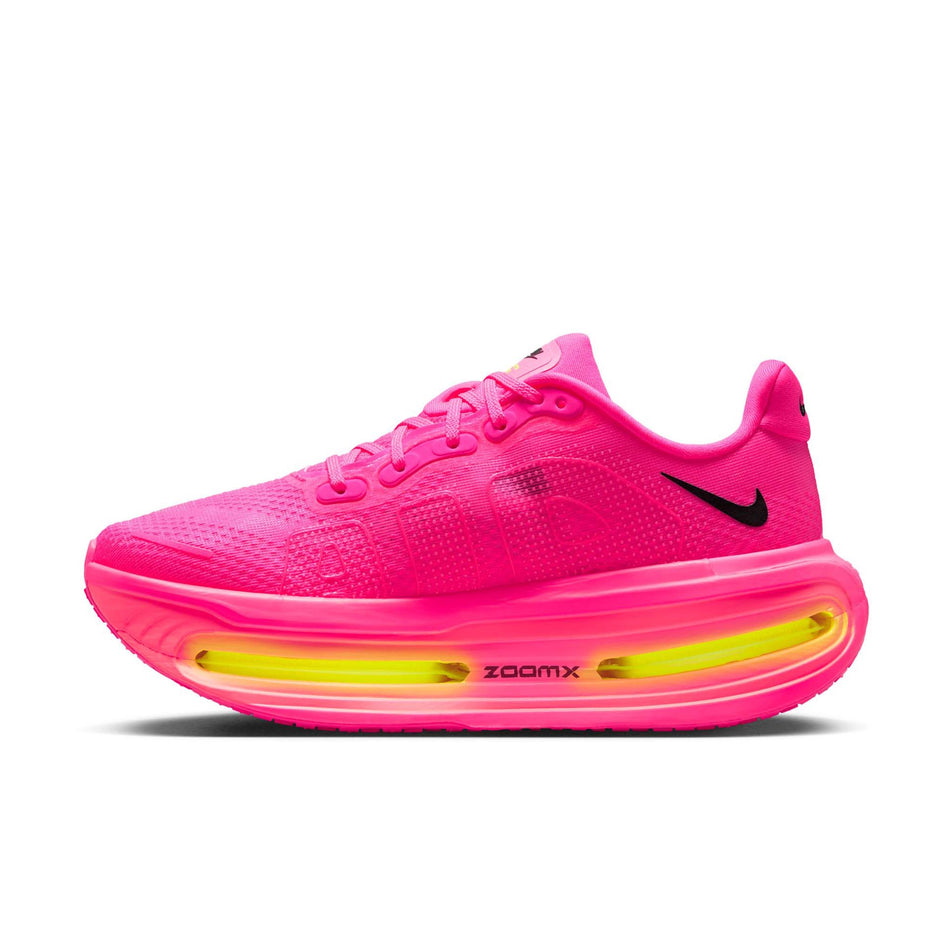 Medial view of the right shoe from a pair of Nike Women's Vomero Premium Running Shoes in the Hyper Pink/Black-Digital Pink-Volt colourway.