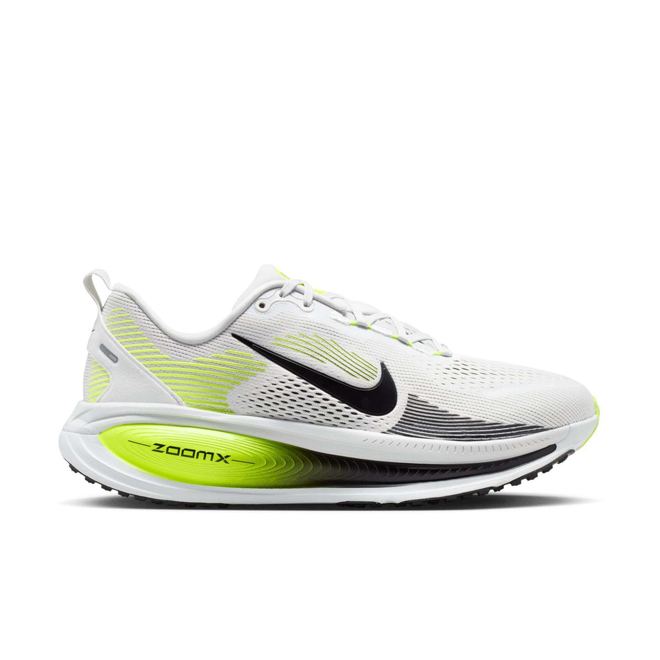 Lateral view of the right shoe from a pair of Nike Men's Vomero 18 Road Running Shoes in the Photon Dust/Black-Volt colourway.