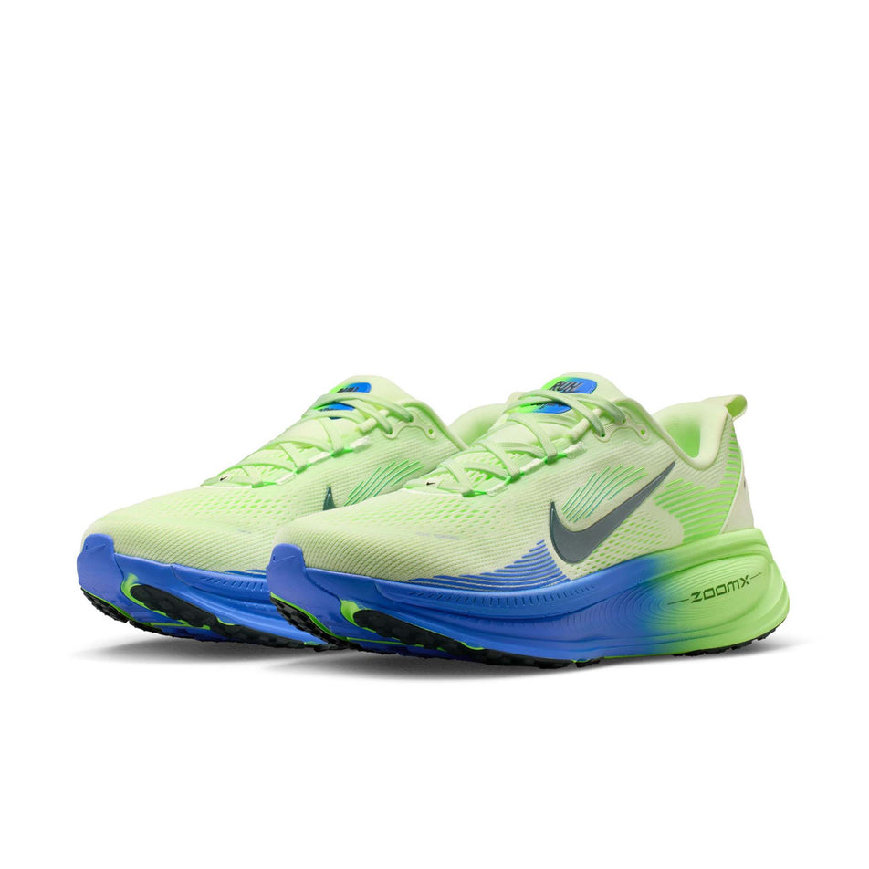 A pair of Nike Men's Vomero 18 Road Running Shoes in the White/Black Spruce-Volt Tint-Sapphire colourway.