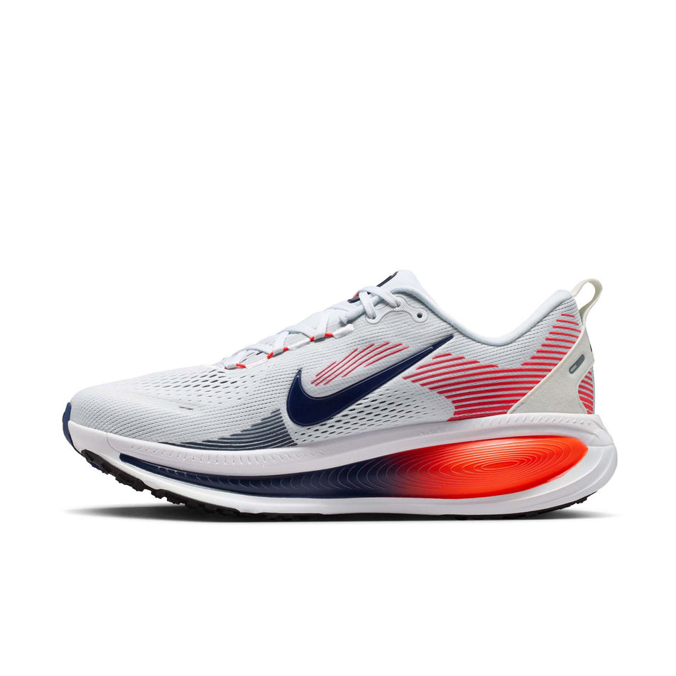 Medial view of the right shoe from a pair of Nike Men's Vomero 18 Road Running Shoes in the White/Midnight Navy-Bright Crimson-Black colourway.