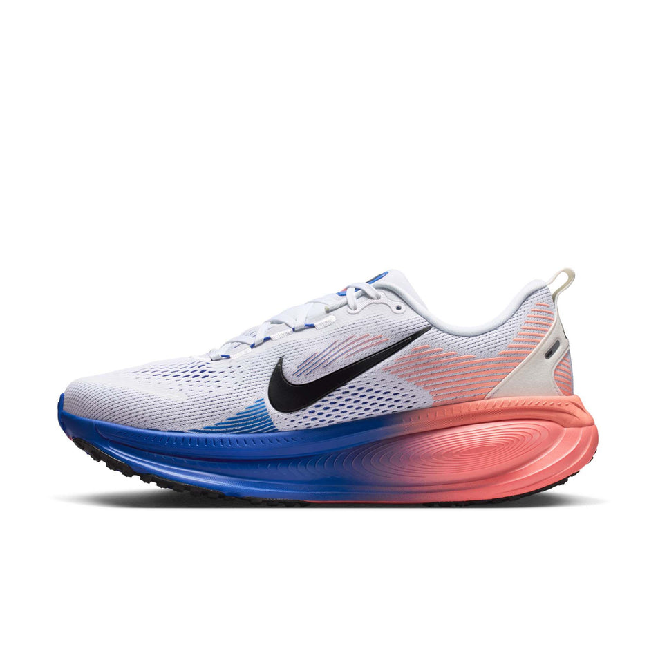 Medial view of the right shoe from a pair of Nike Men's Vomero 18 Road Running Shoes in the White/Black-Racer Blue-Atomic Pink colourway.