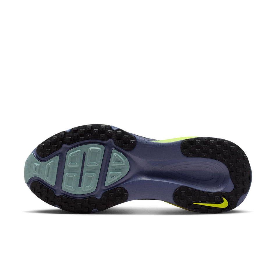 The outsole of the left shoe from a pair of Nike Men's Vomero 18 Road Running Shoes in the Seaweed/Volt-Cannon-Sanded Purple colourway.