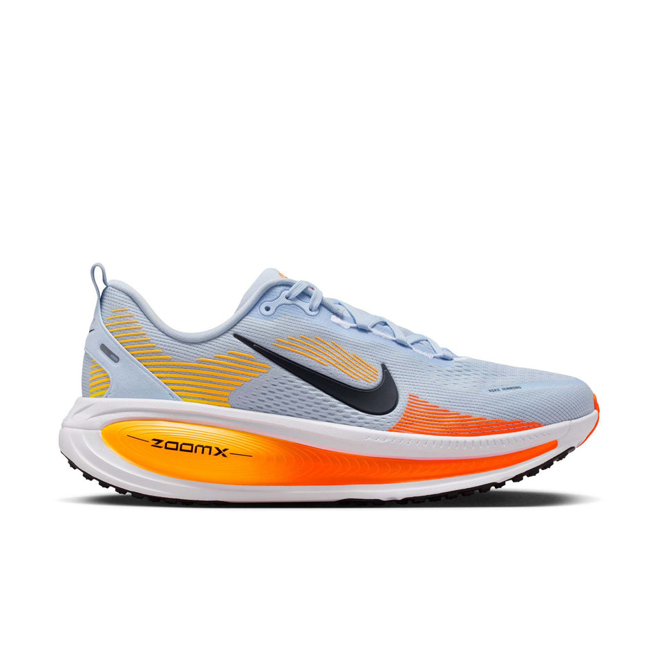 Lateral view of the right shoe from a pair of Nike Men's Vomero 18 Road Running Shoes in the Hydrogen Blue/Black-Laser Orange colourway.