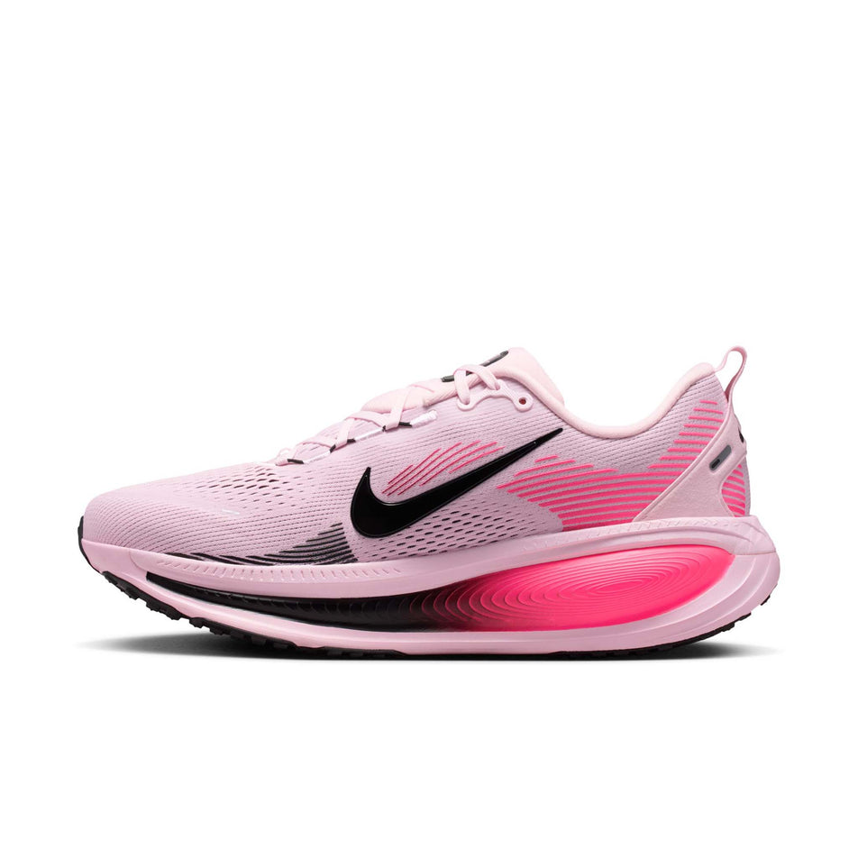 Medial view of the right shoe from a pair of Nike Men's Vomero 18 Road Running Shoes in the Pink Foam/Black-Hyper Pink colourway.