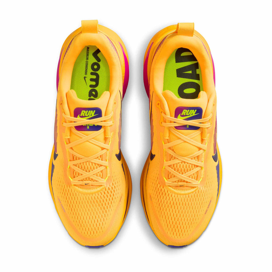 The uppers of a pair of Nike Men's Vomero 18 Road Running Shoes in the Citron Pulse/Blue Void-laser Orange colourway.