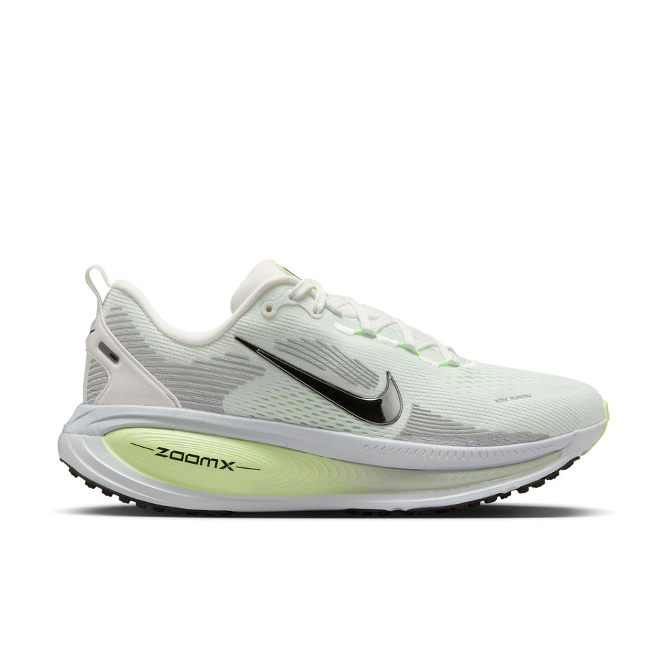 Lateral view of the right shoe from a pair of Nike Women's Vomero 18 Road Running Shoes in the Summit White/Black-Barely Volt colourway. (8725386592418)