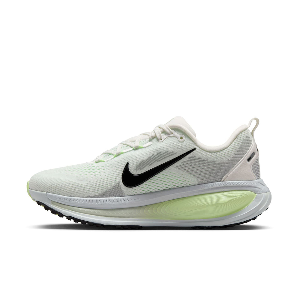 Medial view of the right shoe from a pair of Nike Women's Vomero 18 Road Running Shoes in the Summit White/Black-Barely Volt colourway. (8725386592418)