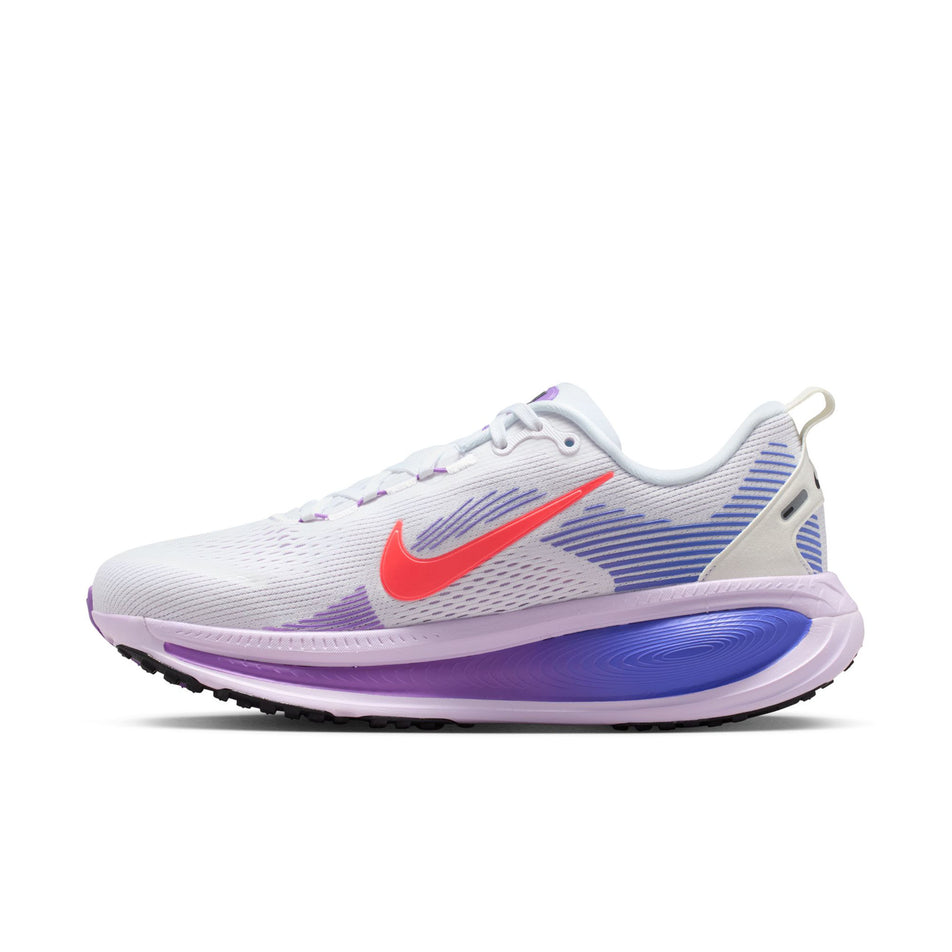 Medial view of the right shoe from a pair of Nike Women's Vomero 18 Road Running Shoes in the White/Hot Lava-Violet Mist-Sapphire colourway.