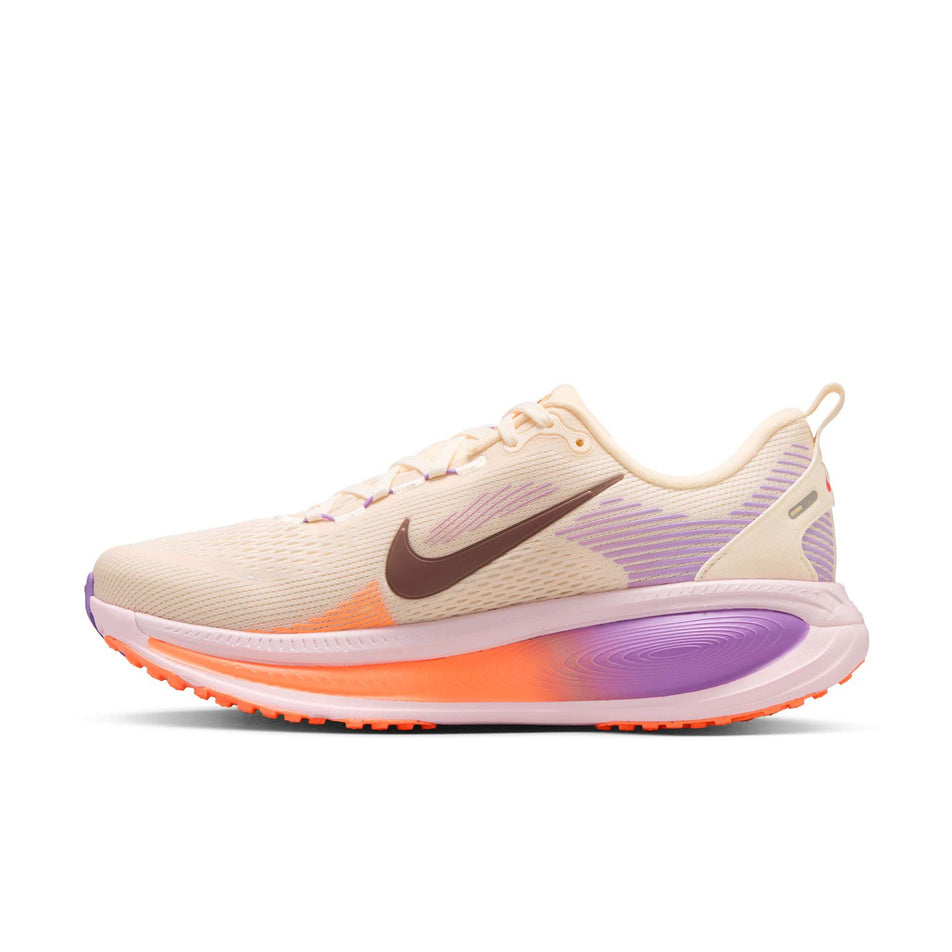 Medial view of the right shoe from a pair of Nike Women's Vomero 18 Road Running Shoes in the Chalk/Tattoo-Pink Foam-Bright Violet colourway.