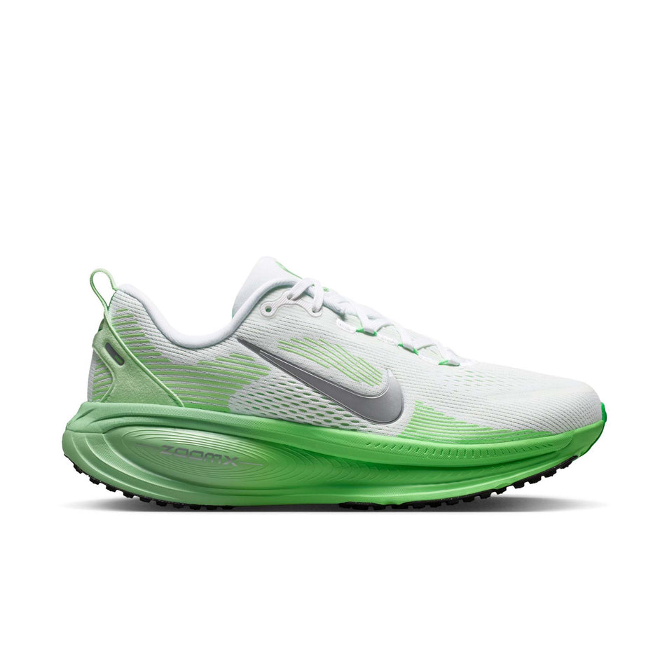 Lateral view of the right shoe from a pair of Nike Women's Vomero 18 Road Running Shoes in the White/Metallic Silver-Illusion Green colourway.