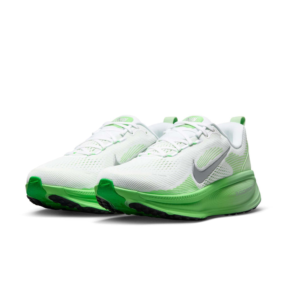 A pair of Nike Women's Vomero 18 Road Running Shoes in the White/Metallic Silver-Illusion Green colourway.