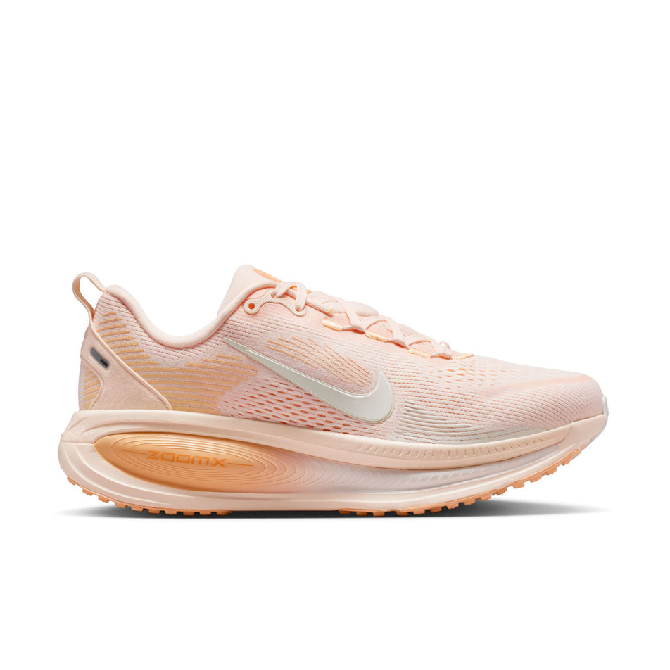 Lateral view of the right shoe from a pair of Nike Women's Vomero 18 Road Running Shoes in the Guava Ice/Sail-Orange Chalk colourway.